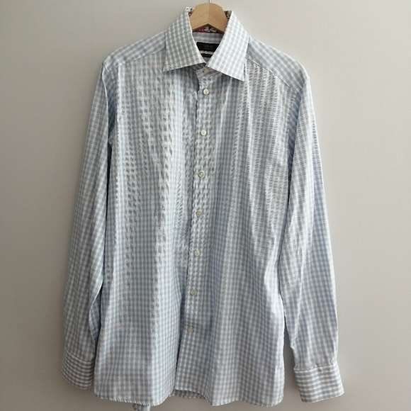 Eton Contemporary Fit Blue White Check Plaid Dress Shirt Floral Trim 16.5 34/35 - Picture 2 of 15